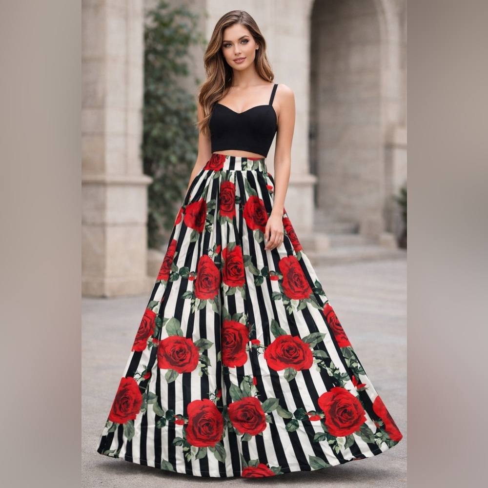 Long rose,  black and white evening skirt